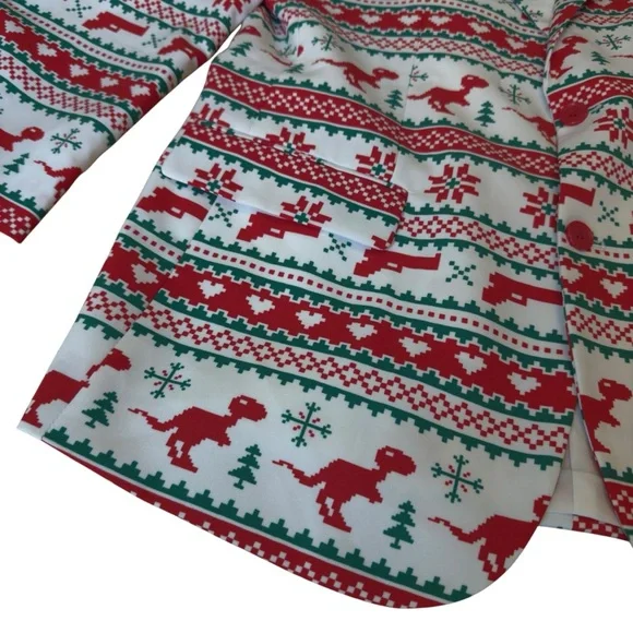 OppoSuits Christmas Dino Blazer US 46 Red Green Holiday Novelty Party Jacket EUC - Picture 4 of 7